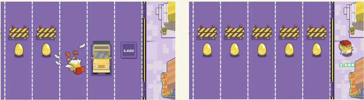 This image shows gameplay from a mobile casual game, where the main character (a chicken) is navigating a road to collect golden eggs while avoiding obstacles like traffic and barriers. On the left, the chicken has been hit by a car, and on the right, the character is successfully collecting eggs, with a 3.48x multiplier displayed. The environment features a colorful, cartoonish aesthetic with simple, fun graphics and mechanics.
