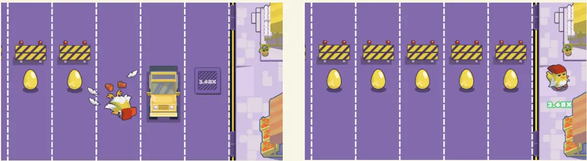 This image shows gameplay from a mobile casual game, where the main character (a chicken) is navigating a road to collect golden eggs while avoiding obstacles like traffic and barriers. On the left, the chicken has been hit by a car, and on the right, the character is successfully collecting eggs, with a 3.48x multiplier displayed. The environment features a colorful, cartoonish aesthetic with simple, fun graphics and mechanics.
